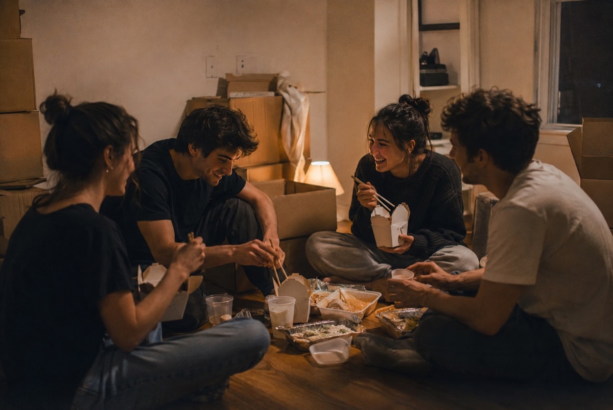 Friends together in a first apartment
