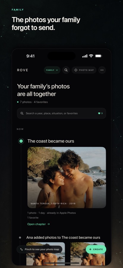 Rove showing a family photo timeline with a beach chapter